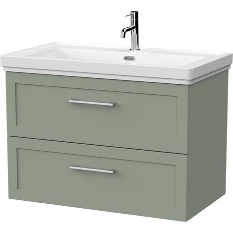 Stonnall Traditional Wall Hung 2 Drawers Vanity Unit with Traditional 1 Tap Hole Fireclay Basin, 800mm, Reed Green