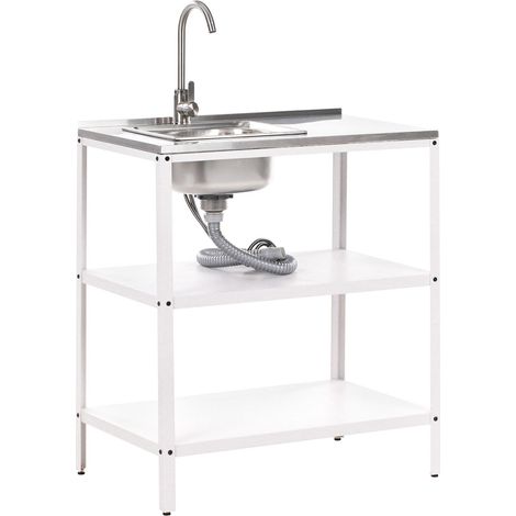 Isola da giardino in acciaio con lavello con bocca singola Ripiani in acciaio inox 80x50x92 cm Bianco Vilama