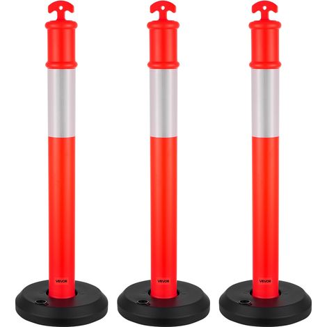 Poteau de Signalisation 3PCs 114 cm, Balise de Délimitation avec Base Remplissable et Bandes Réfléchissantes, Délinéateur de Circulation pour Contrôle des Foules, Chantier Parking, Rouge (1/5)