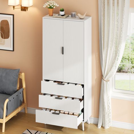 Armoire de cuisine haute 75 x 35 x 180 cm, 2 portes, 3 tiroirs, blanc, MDF OKMYHOME (1/5)