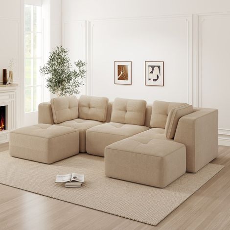 Canapé d'Angle Modulaire en U Velours Côtelé Beige - Assise Profonde 74cm, Ottoman, Sans Montage