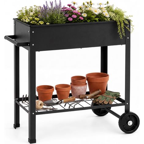 Jardinière Surélevée en Métal avec 2 Roulettes, Poignée, Bac à Fleurs sur Pied avec Étagère en Grille, Trou de Drainage, Balcon, 88 x 37 x 80 cm, Noir (1/5)