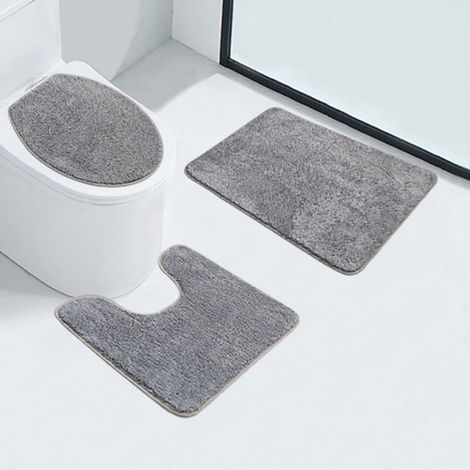 Ensemble de trois tapis absorbants et antidérapants - tapis de toilette - tapis de siège de toilette - tapis de sol uni, gris argenté, style simple et duveteux (1/5)