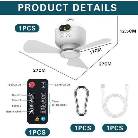 Ventilateur camping lumière plafond avec télécommande, minuterie, LED USB rechargeable 3 vitesses pour tente (1/5)