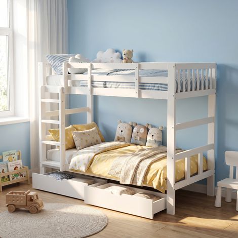Etagenbett 90x200 cm, teilbar in 2 Einzelbetten, mit Schubladen, Kinderbett aus Holz, Weiß