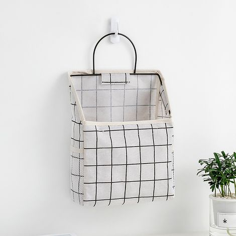 Sac de rangement mural [SAV] Organisateur mural multi-usages en coton lin lavable 38x22x9.5cm avec poches latérales et crochet (1/5)