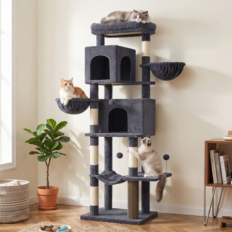 Grand Arbre à Chat 174 cm, 2 Paniers, 2 Niches, 5 Griffoirs, Toilettage Autonome, Hamac, Perchoir, Gris Foncé (1/5)