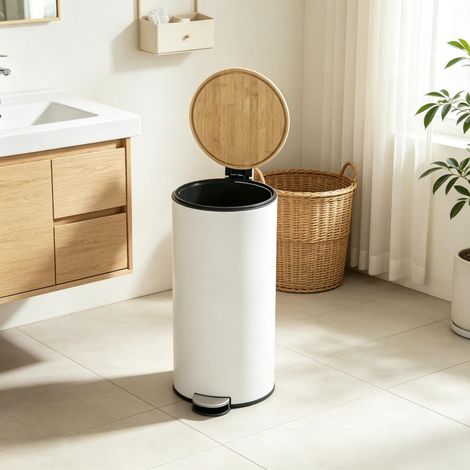 Pattumiera da cucina a pedale 30 L con secchio estraibile e chiusura rallentata bianca OKMYHOME (1/5)