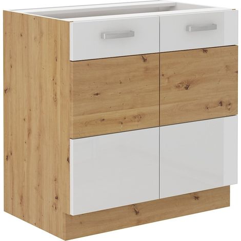 Unterschrank 80 cm Eiche Artisan + Weiß Hochglanz Küchenzeile Küchenblock Küche (1/4)