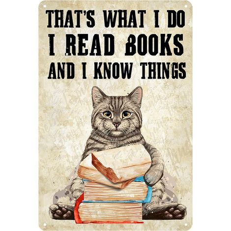 Plaque métallique chat drôle « Je lis des livres et je sais des choses » – Décoration murale pour amateurs de chats (1/5)