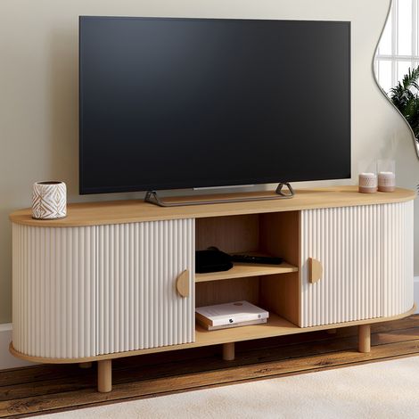 Mueble TV KANEL 2 puertas efecto estriado beige y madera 140 cm (1/5)