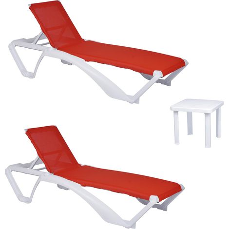 garbar ACQUA-ANDORRA Chaise Longue-Table Auxiliaire Extérieur Set 2+1 Structure Blanche - Textilène Rouge