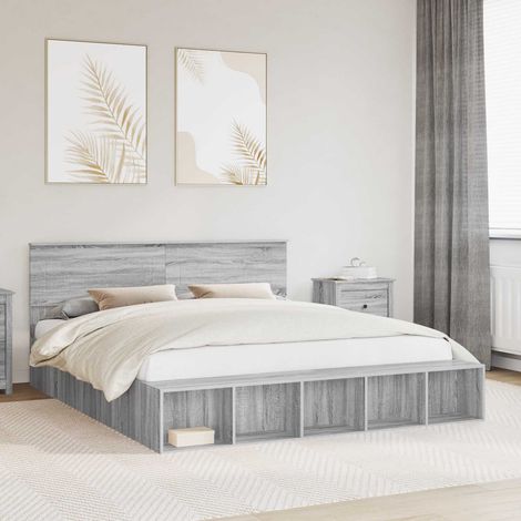 Bed Frame with Shelf Grey Sonoma 200 x 200 cm Engineered Wood vidaXL (1/5)