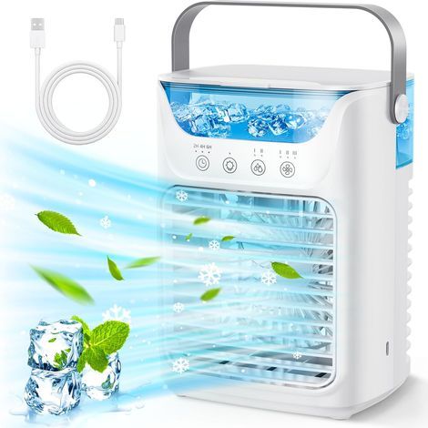 Climatiseur portable / Rafraîchisseur d'air personnel 3-en-1 : refroidisseur par évaporation avec 3 vitesses de ventilation, grand réservoir d'eau, veilleuse LED et minuteur de 6 heures. (1/5)