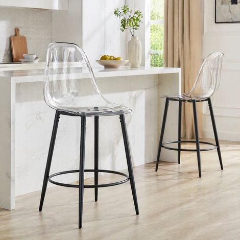 Set de 2 taburetes de bar 59x41,5x102 cm plástico transparente y metal negro, moderno FloraGrace (1/5)