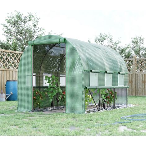 Serre de jardin tunnel serre tunnel 6 m² avec 6 fenêtres porte enroulable toile PE structure en acier galvanisé vert