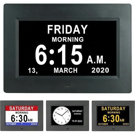 7 Pouces LCD Horloge Numérique Calendrier avec Date Jour Et Heure Horloge Non-Abrégée Auto Dimming 8 Langues HD Display Rappel pour Alzheimer Les Personnes âgées et Les Enfants(noir)