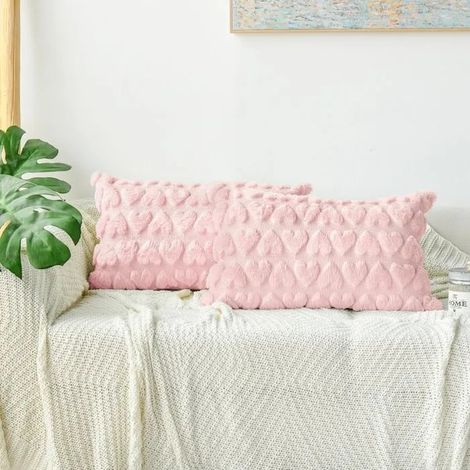 Lot de 2 housses de coussin décoratives en fausse fourrure jacquard douce en forme de cœur - 30 x 50 cm - Pour canapé, chambre- (1/5)