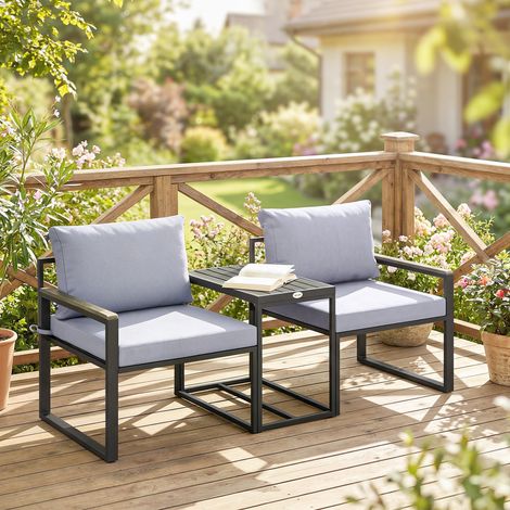 Salon de jardin 3 pièces coussins 14cm et accoudoirs en composite bois-plastique 2 fauteuils et table d'appoint gris (1/5)