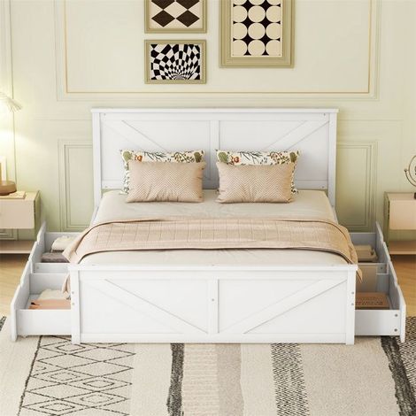 Lit plateforme 160x200 cm 2 places en pin & MDF blanc avec 4 tiroirs, sommier à lattes (sans matelas) (1/4)