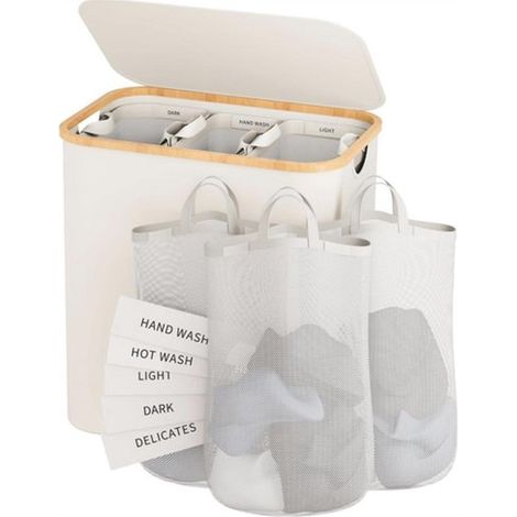 Panier à linge avec couvercle - Panier à linge - Panier à linge à 3 compartiments - Pliable - Beige - Tissu Oxford - Beige et blanc cassé (1/5)