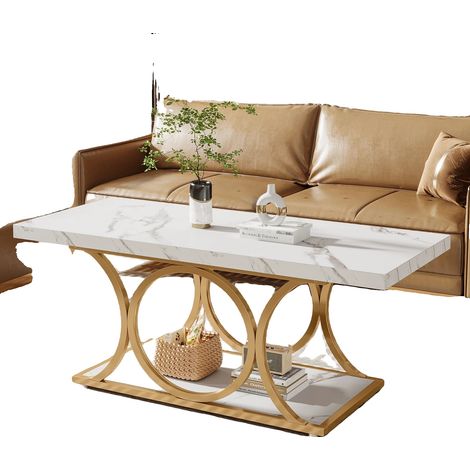 Mesa de centro, diseño moderno, almacenamiento de 2 niveles, blanco y dorado. (1/2)