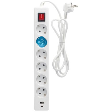 Base múltiple 6T+USB C+A con interruptor (3x1,5mm) con cable de 1,4m fabricada en polipropileno color blanco