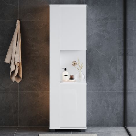 ELEGANT Tall Bathroom Storage Units with LED Light 5 Shelves 2 Doors and Open Storage Compartments Bathroom Cabinet, White 1380×400×300mm