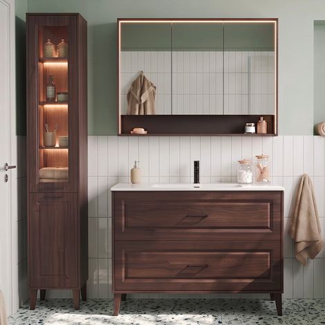 Waschtisch-Set mit Einbauwaschbecken (120 cm), Hochschrank und Spiegelschrank in der Ausführung „Moka – dunkles Holz“ (1/5)