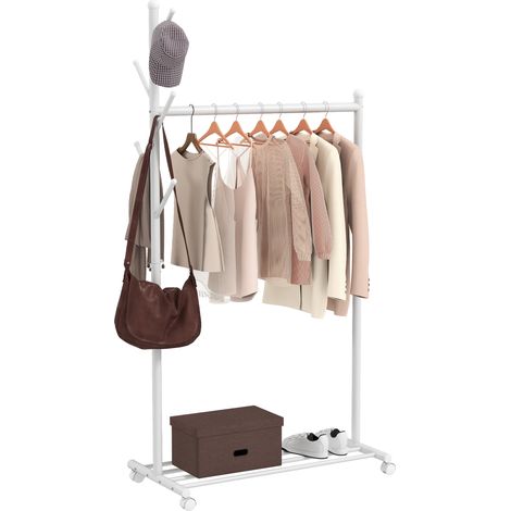 HOMCOM burro ropa con ruedas, perchero burro ropa con 5 ganchos barra para colgar y balda inferior para recibidor, entrada, 86x43x171 cm, blanco