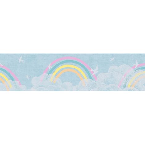 Kinder Tapete Profhome 771451 Bordüre glatt mit Wolken matt blau weiß pink gelb 5 m