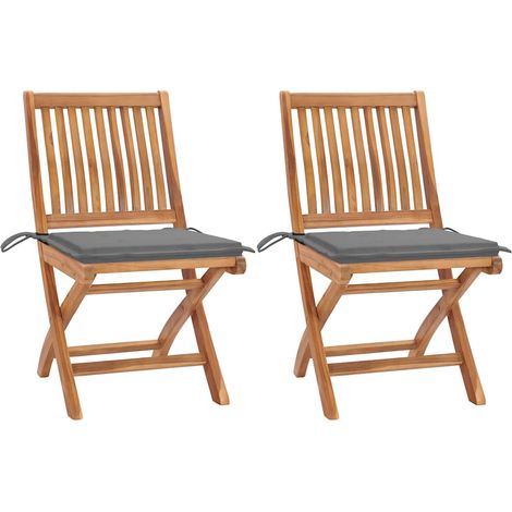 Gartenstühle 2 Stk. mit Grauen Kissen Teak Massivholz