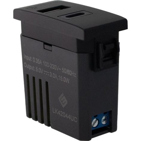 Modulo Presa Caricatore USB 5V 3A USB-A + USB-C Colore Nero Compatibile Con Bticino Living e Vimar Plana