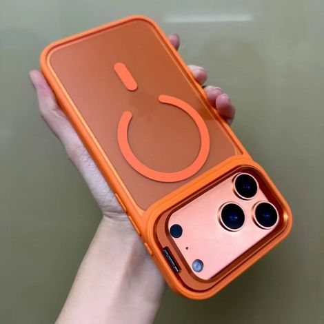 (iPhone 17, Orange) Étui de protection magnétique translucide mat pour iPhone avec support en métal, compatible MagSafe.