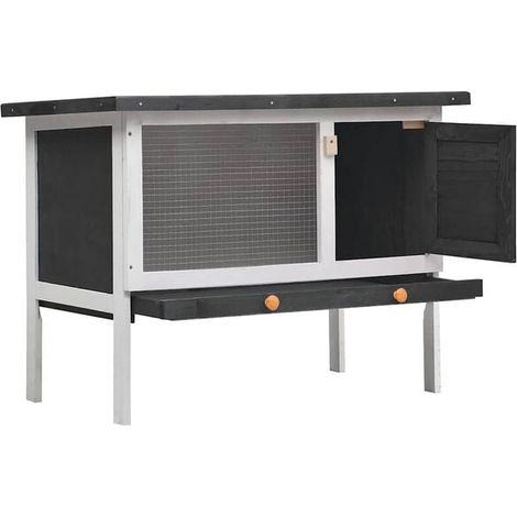 Clapier d'extérieur pour lapins, de plain-pied, en bois gris.