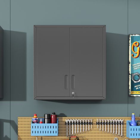 Armadio da parete 75x30x77cm ripiano regolabile porte con serratura montaggio rapido 30min nero metallo per garage