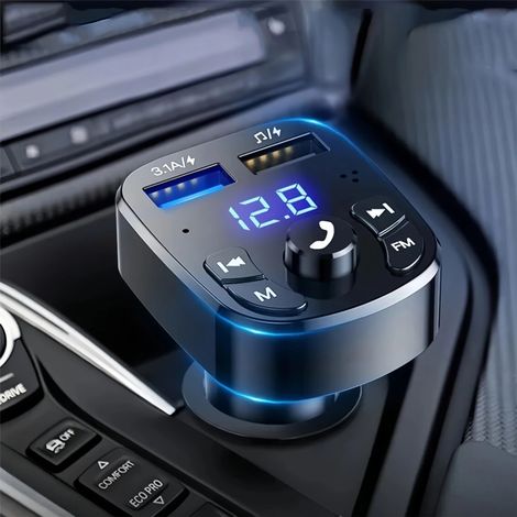 Trasmettitore FM Bluetooth per auto, adattatore ricevitore radio con illuminazione ambientale blu, funzione vivavoce e doppio caricatore USB. (1/5)