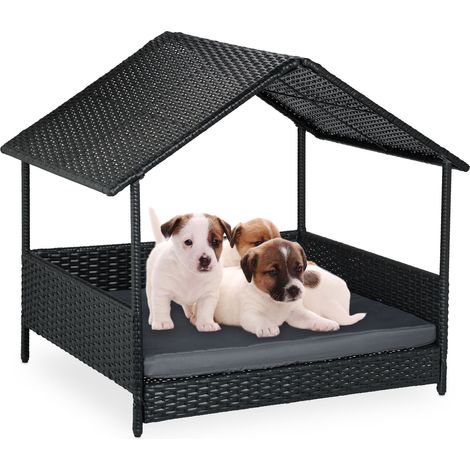 Relaxdays outdoor dog bed with roof, HxWxD: 81 x 90 x 68 cm, polyrattan, raised dog lounger with cushion, anthracite