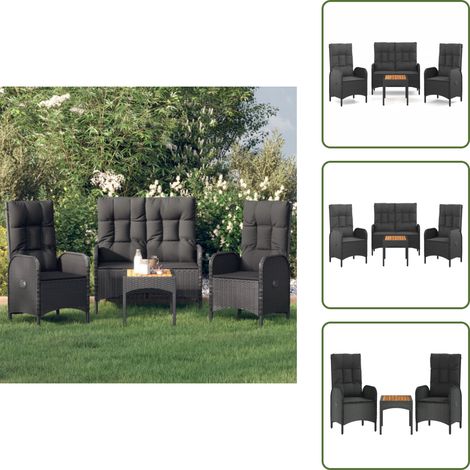 4-tlg. Garten-Essgruppe mit Kissen Schwarz Poly Rattan - Gartengruppe - Gartenmöbel - Esstisch - Gartenstühle - Gartenbank
