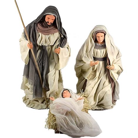 Natività 3 Pz in Tessuto H 73 Decorazione Natalizia Elegante Sacra Famiglia GRANDE Colori Grigio Beige - Maria Giuseppe e Gesù nella Culla Elegante idea regalo per natale
