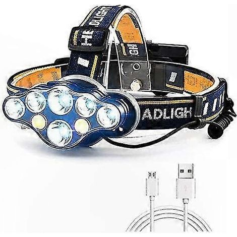 Extrem helle LED-Stirnlampe mit 12.000 Lumen, 8 Leuchtmodi, USB-aufladbar, wasserdicht, mit roter Kontrollleuchte und USB-Kabel, ideal für Camping und Arbeit (1/5)