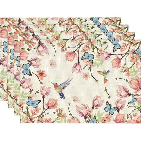 Frühlings-Tischdecke mit Vögeln und Schmetterlingen, 4er-Set Platzsets 45x30 cm für saisonale Dekoration in Küche und Esszimmer