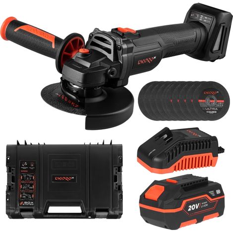 Dnipro-M DGA-201BC Ultra Amoladora Angular Inalámbrica 20V 125mm Brushless, 2 Velocidades 3000-8500 RPM, KIT con Batería 4Ah, Cargador y 10 Discos de Corte Incluidos