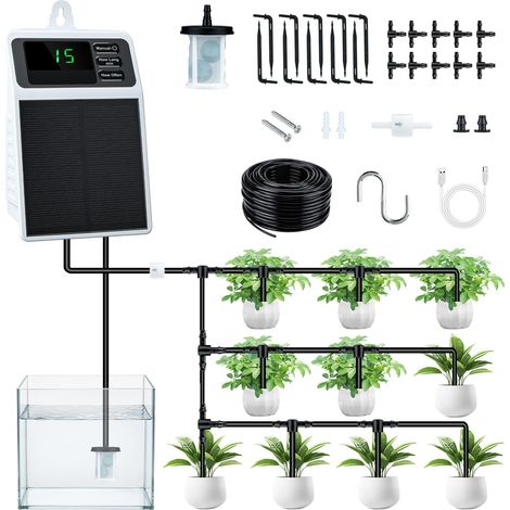 Système d’Irrigation Goutte à Goutte Solaire avec Minuterie, Batterie 2200 mAh, IPX5 Étanche, Anti-UV, Tube PVC de 10 m, Kit d’Arrosage Automatique pour Jardin, Balcon et Plantes (1/5)