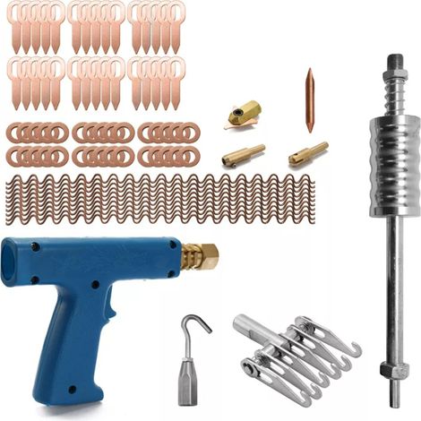 Kit de reparación de abolladuras con soldadora de pernos (77 piezas): extractor, soldadora termoencogible, martillo deslizante, extractor, anillos rectos, arandelas redondas, alambres de torsión. (1/4)