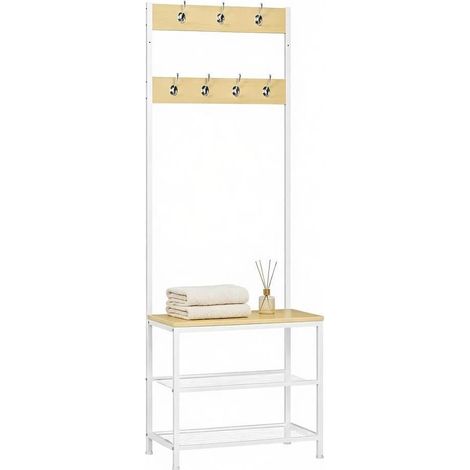 Perchero recibidor 3 en 1 con banco y zapatero 60 x 31,5 x 170 cm metal y madera blanco HOMVRA (1/5)