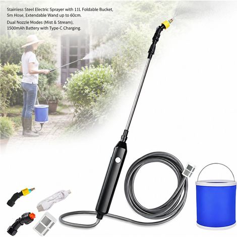 Spruzzatore elettrico da 23" - Retrattile in acciaio inox - Annaffiatoio da giardino con secchio da 11 litri e tubo flessibile da 5 m, 2 ugelli, batteria ricaricabile tramite USB (1/5)