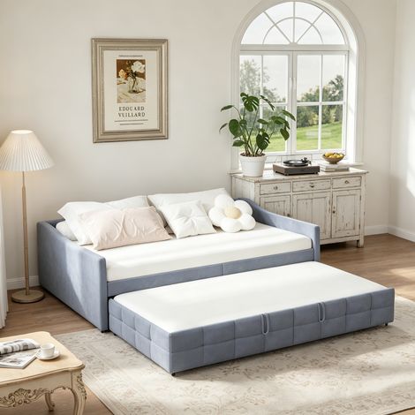 Lit gigogne 90x200 cm - Canapé-lit extensible 2 en 1 avec sommiers à lattes, velours, Lit 2 places pour petit appartement
