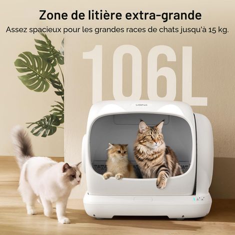 Maison de toilette autonettoaynte pour chat grand espace 106L bac à litière automatique intelligent avec contrôle des odeurs et suivi par application hauteur d'entrée 20cm idéal pour plusieurs chats e