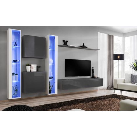 Ensemble mural - Switch XVI - 2 vitrines LED - 2 vitrines carrées - 1 banc TV - 1 étagère - Blanc et graphite - Modèle 1 - Livraison gratuite